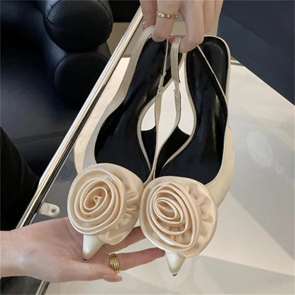 Satin Slingback Women  Design Pointed Toe Thin Highs Banquet Wedding Mule Shoes Low Heel Pumps