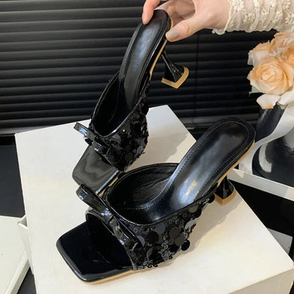 Sequined Square Toe Women Slippers  Butterfly-knot Elegant High Dress Shoes Low Heel Pumps