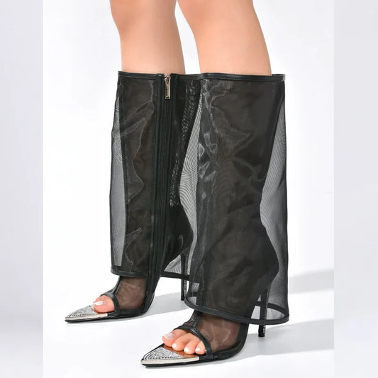 Fashion Mesh Very Light Comfort Thin Heels Open Toe Knee High Boots