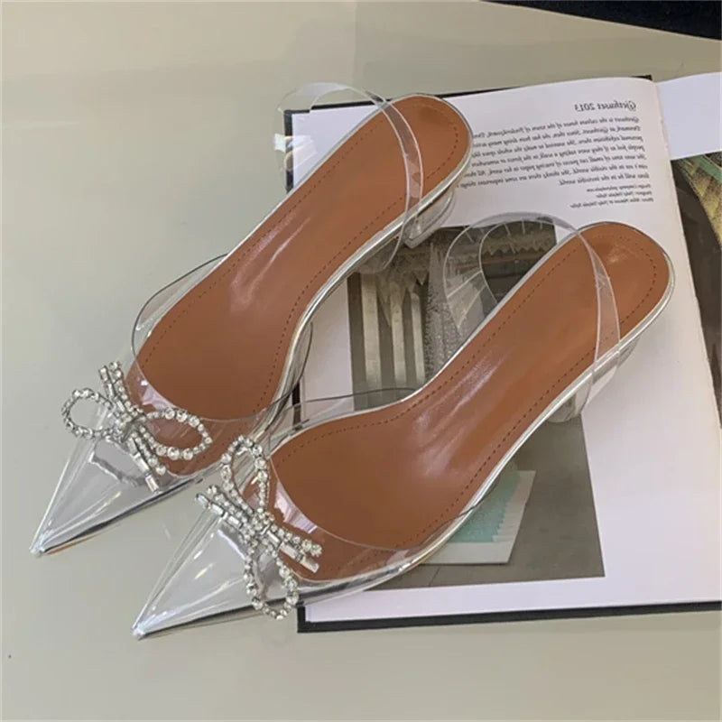 PVC Transparent Butterfly-knot Women Fashion Party Shoes Elegant Slingbacks Mules Sandals Low Heel Pumps