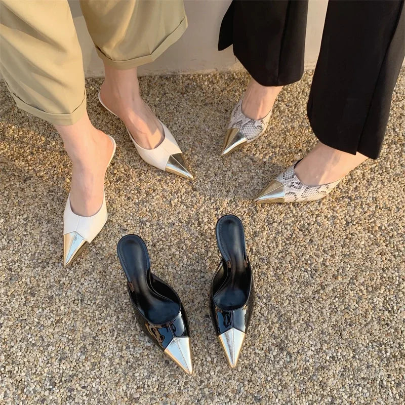 Spring Fashion Serpentine Pointed Toe Women Slippers  Thins Stripper Mule Shoes Low Heel Pumps