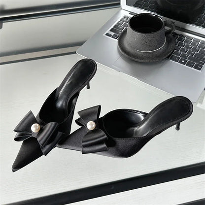 Spring  Butterfly-knot Women Slipper Pointed Toe Slip On Ladies Elegant Mules Shoes Low Heel Pumps