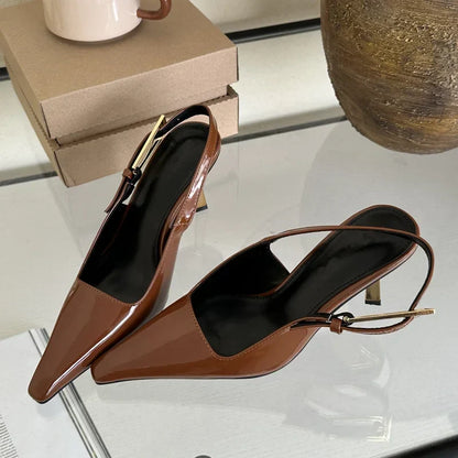 Street Style  Pointed Toe Metal Buckle Strap Women Stripper Slingback High Shoes Low Heel Pumps