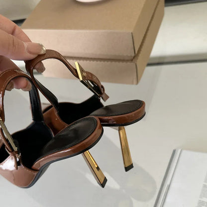 Street Style  Pointed Toe Metal Buckle Strap Women Stripper Slingback High Shoes Low Heel Pumps