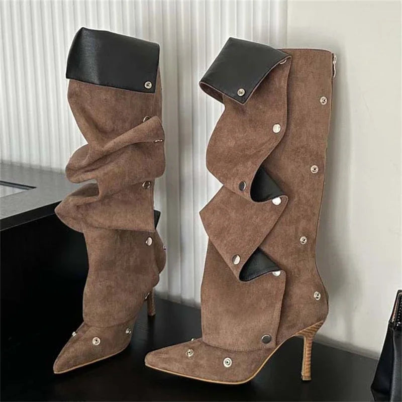 Winter Pleated Button Strap  Pointed Toe Thin Heels Stripper Knee High Boots