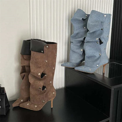 Winter Pleated Button Strap  Pointed Toe Thin Heels Stripper Knee High Boots