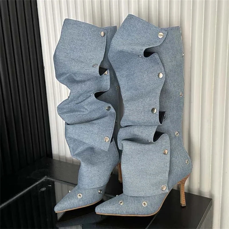 Winter Pleated Button Strap  Pointed Toe Thin Heels Stripper Knee High Boots
