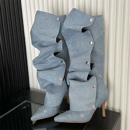 Winter Pleated Button Strap  Pointed Toe Thin Heels Stripper Knee High Boots