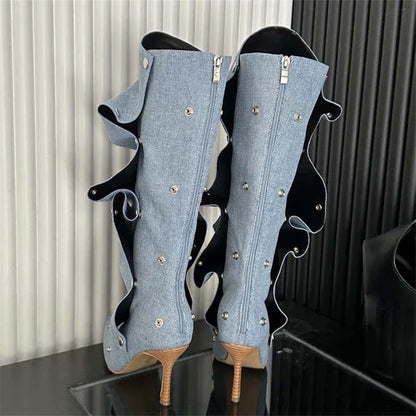 Winter Pleated Button Strap  Pointed Toe Thin Heels Stripper Knee High Boots