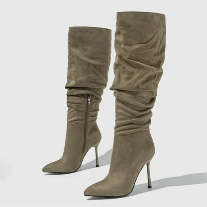 Winter Fashion  Pleated Denim Pointed Toe Thin Heels Knee High Boots