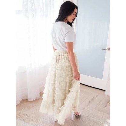 Elegant Fairy Tulle Tiered Elastic High Waist Mesh Ruffle Layered Long Skirt