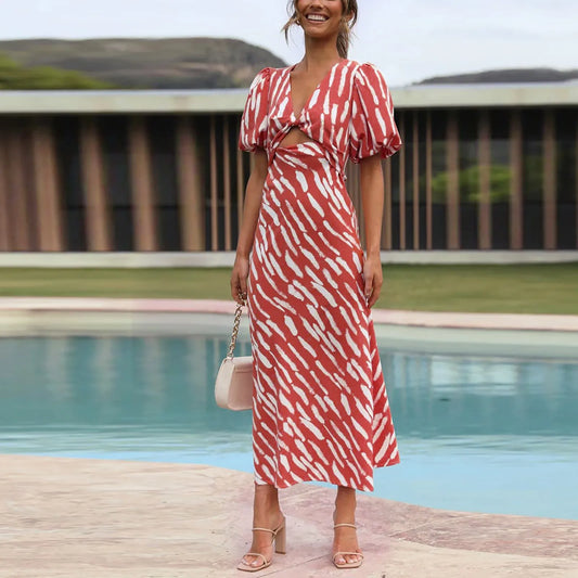 Elegant Boho Stripe Print VNeck Puff Sleeve Midi Dress