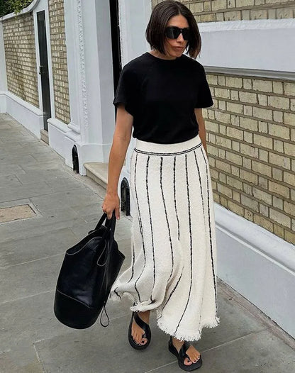 Elegant Striped Tassel Knitted Elastic High Waist Skirt