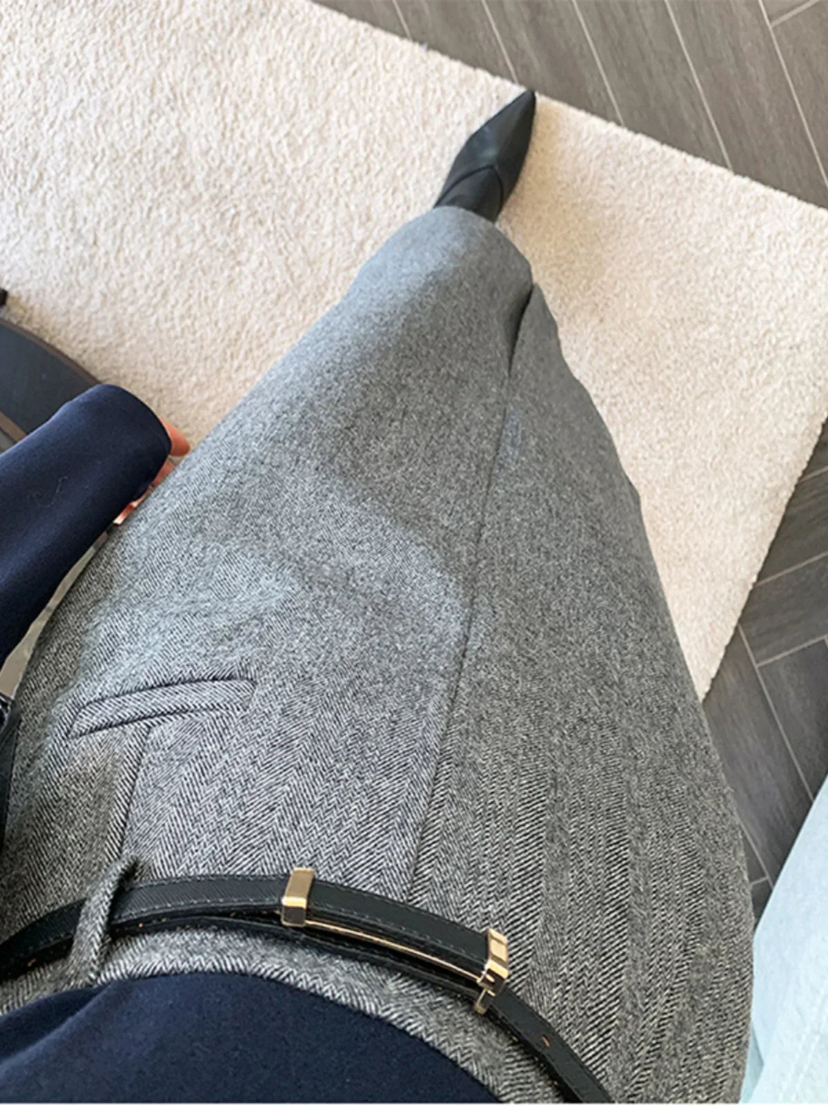 Elegant Striped Faux Wool Belted Casual High Waist ALine Skirt