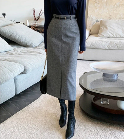 Elegant Striped Faux Wool Belted Casual High Waist ALine Skirt