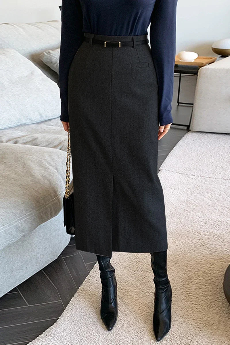 Elegant Striped Faux Wool Belted Casual High Waist ALine Skirt