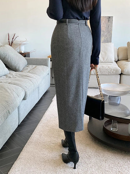 Elegant Striped Faux Wool Belted Casual High Waist ALine Skirt