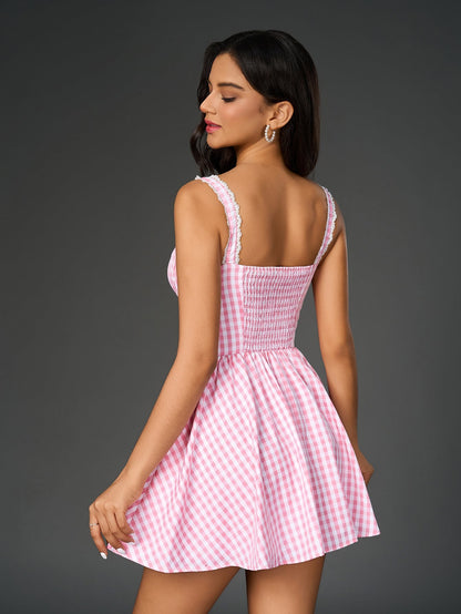 Embellished Button Plaid Print Cami Dress