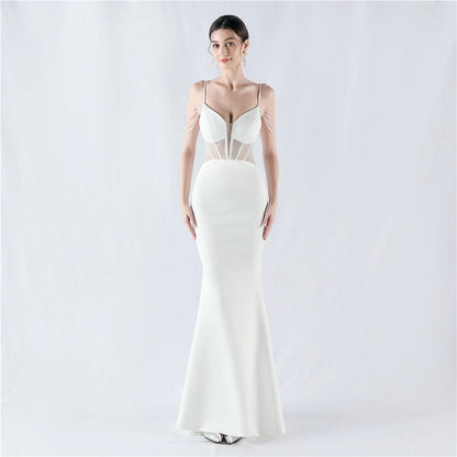 Evening Dress Waist Tight Boning Corset Beaded Rhinestone Cocktail Performance Host Evening Dress