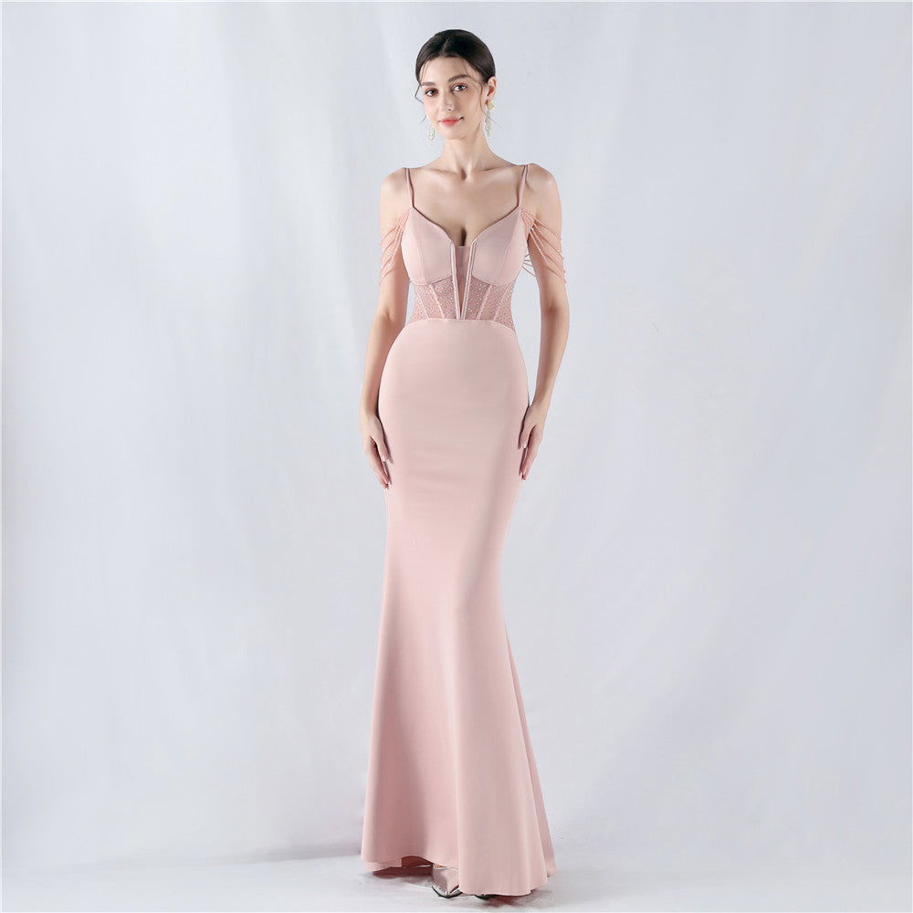 Evening Dress Waist Tight Boning Corset Beaded Rhinestone Cocktail Performance Host Evening Dress