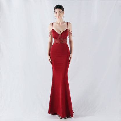Evening Dress Waist Tight Boning Corset Beaded Rhinestone Cocktail Performance Host Evening Dress