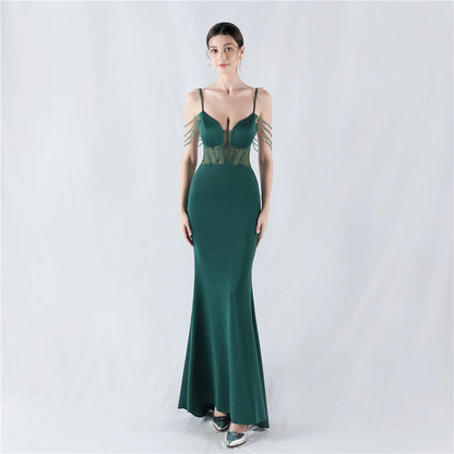 Evening Dress Waist Tight Boning Corset Beaded Rhinestone Cocktail Performance Host Evening Dress