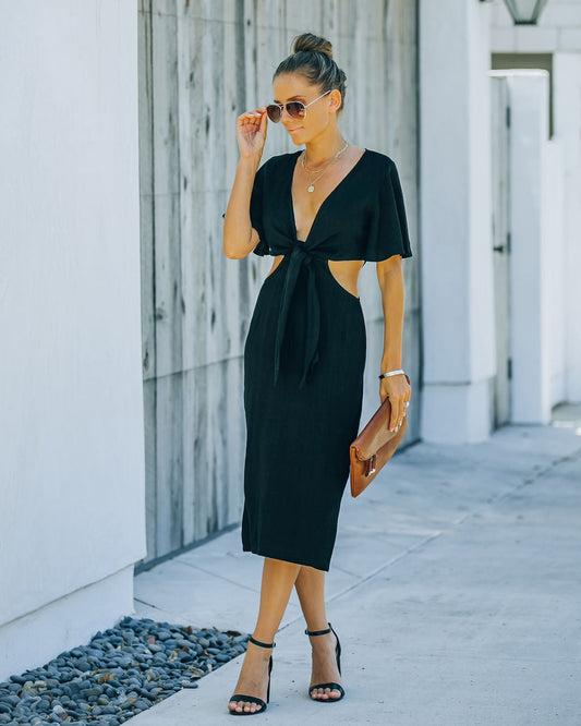 Jenner Linen Blend Tie Front Cutout Midi Dress Black FINAL