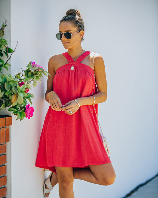 Hot Fun Linen Blend Halter Dress Hot Pink