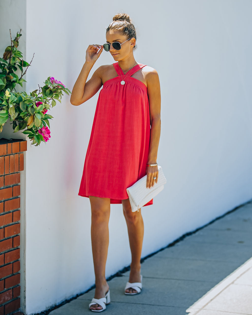 Hot Fun Linen Blend Halter Dress Hot Pink