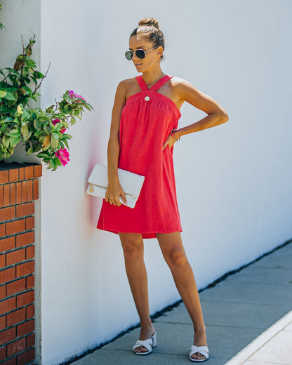 Hot Fun Linen Blend Halter Dress Hot Pink