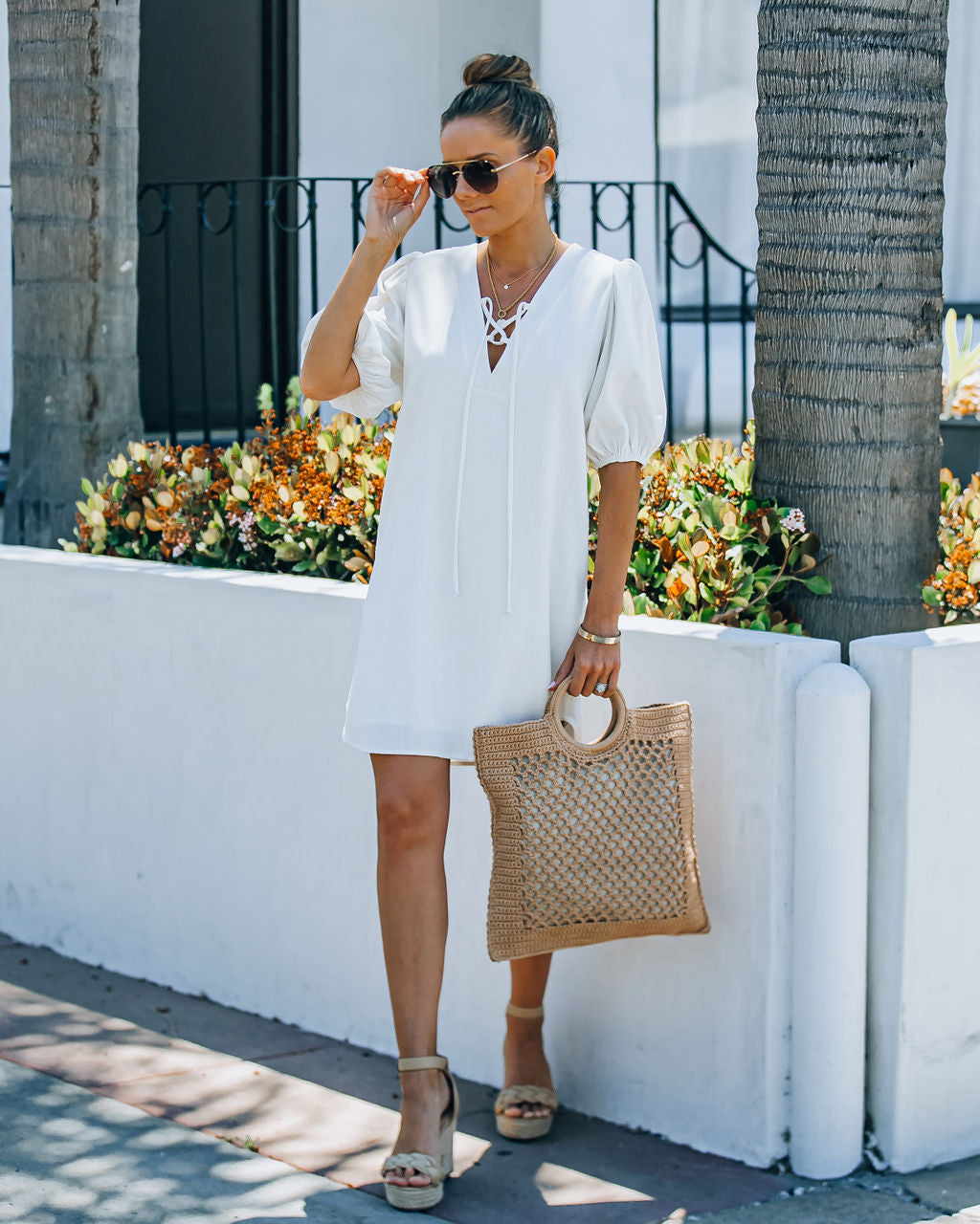 Lakeshore Linen Blend Puff Sleeve Dress Ivory