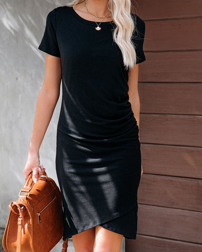 Francesca Short Sleeve Ruched Knit Dress Black