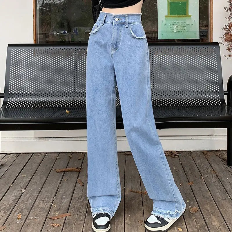 Blue Straight Basic Loose Casual FullLength Women Jeans