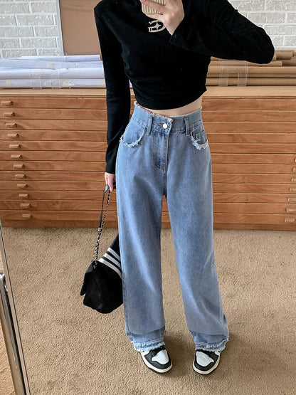 Blue Straight Basic Loose Casual FullLength Women Jeans