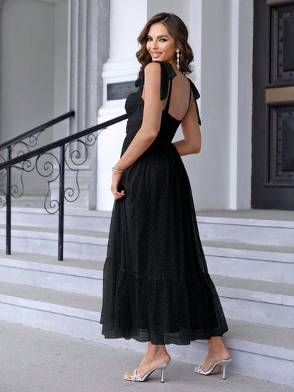 Fashionable Evening Dress Lace up Shoulder Pleated Hem Mesh Dress