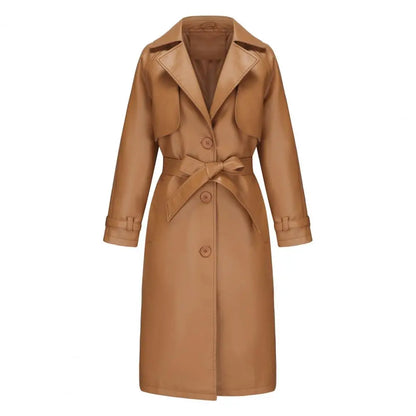 Faux Lapel Stylish Laceup Belted Mid Length Fall Jacket