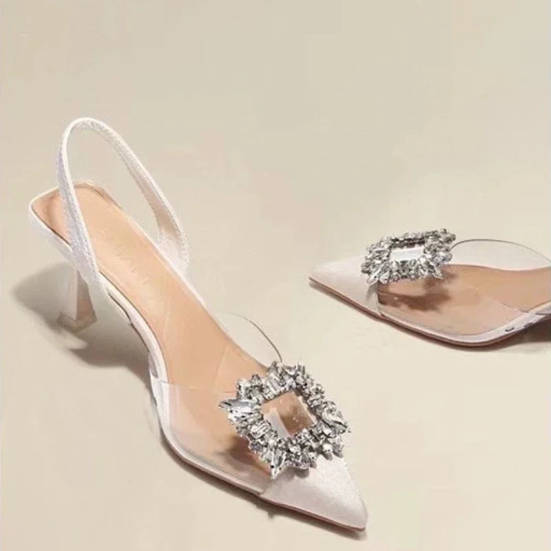 Fashion Anklewrap Summer Pointed Toe Solid Shiny Diamond Noble Low Heel Pumps
