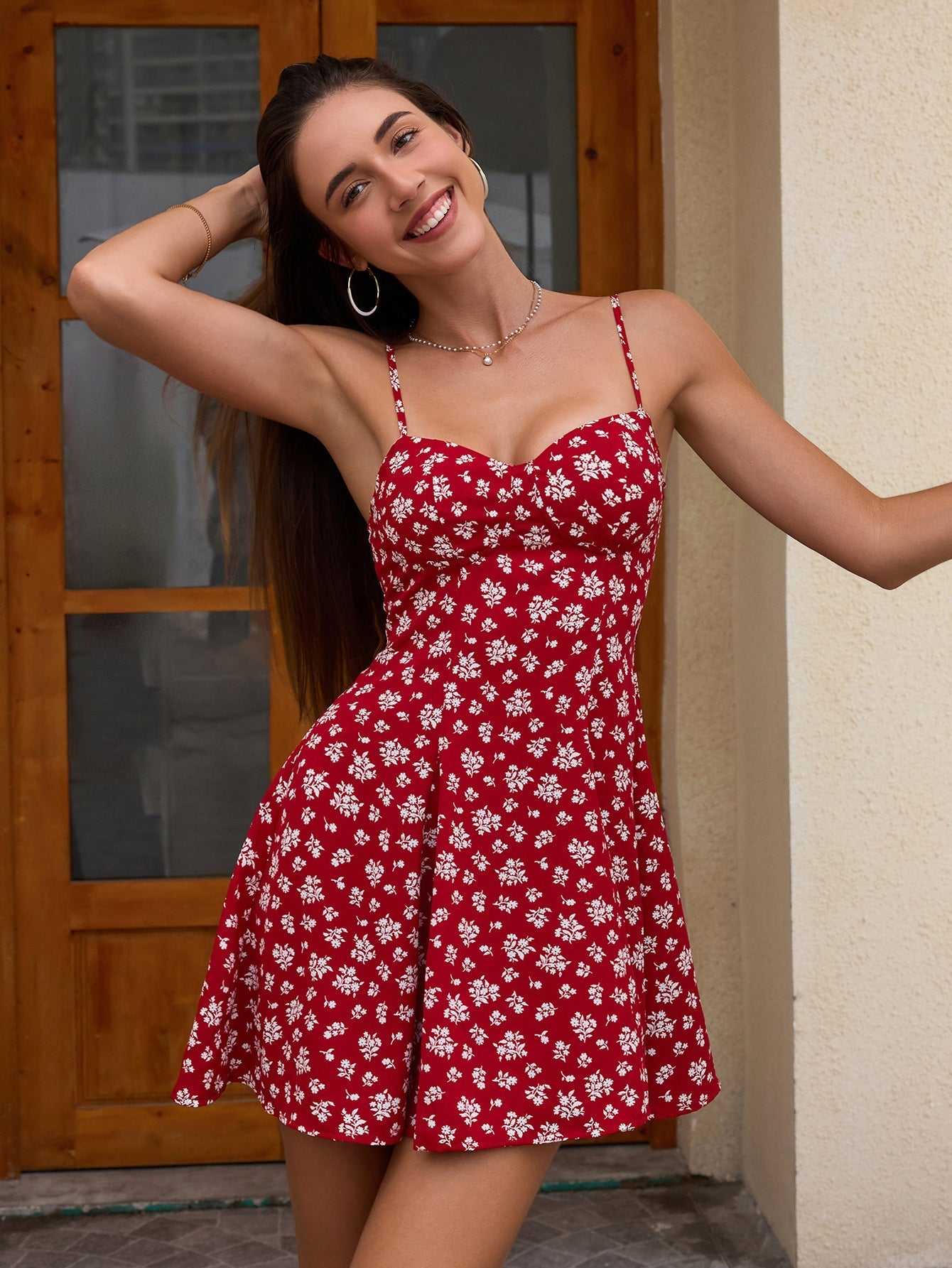 Floral Print Backless Flared Hem Cami Dress