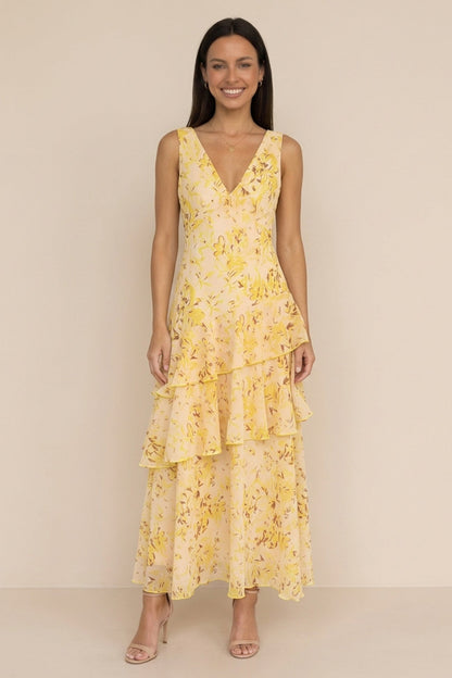 Floral Print Tie-up Back Chiffon Tiered Dress
