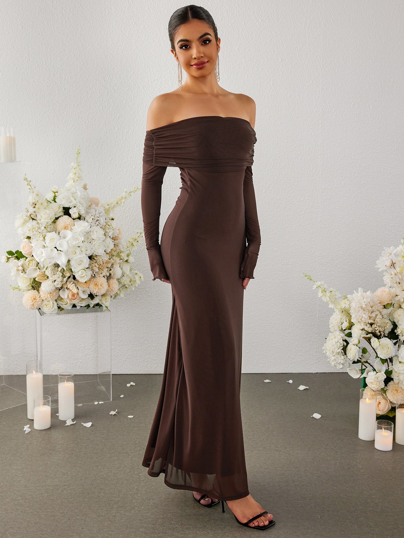 Flounce Sleeve Off Shoulder Mesh Bodycon Dress