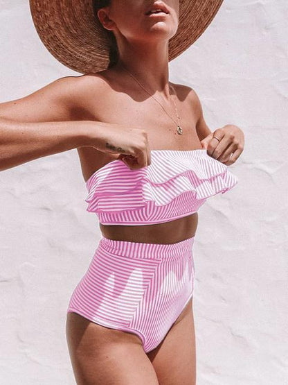 Flounce Sleeve Bandeau Stripe Swimsuit