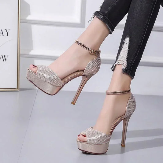 Gold/Silver  Peep Toe Platform Buckle Strap Rhinestone High Heel High Heel