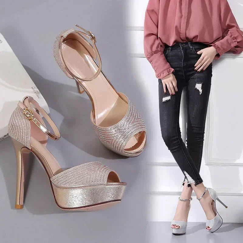 Gold/Silver  Peep Toe Platform Buckle Strap Rhinestone High Heel High Heel
