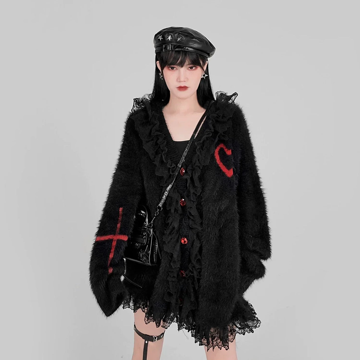 Gothic Black Red Vneck Loose Punk Oversized Cardigan