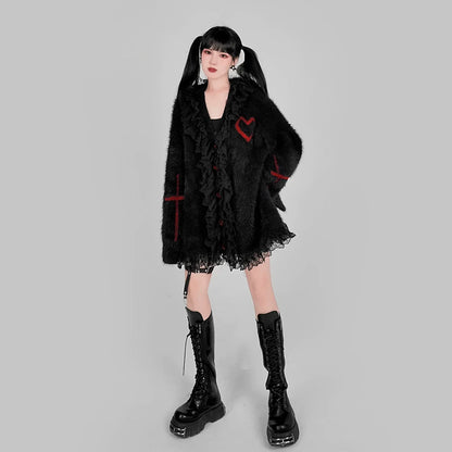 Gothic Black Red Vneck Loose Punk Oversized Cardigan