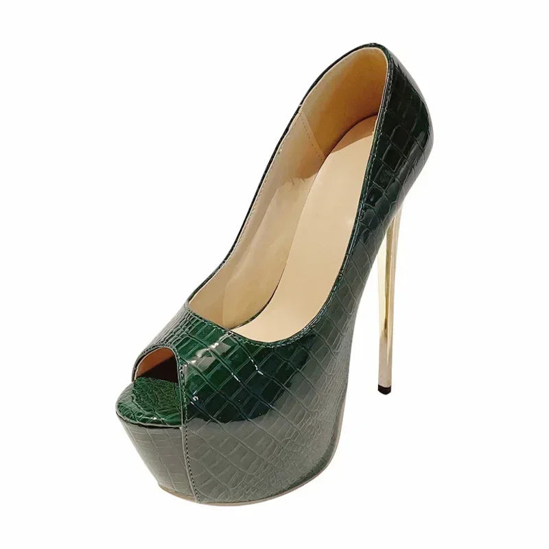 Stylish Green Snake Leather 16CM Thin High Heel  Peep Toe High Heel