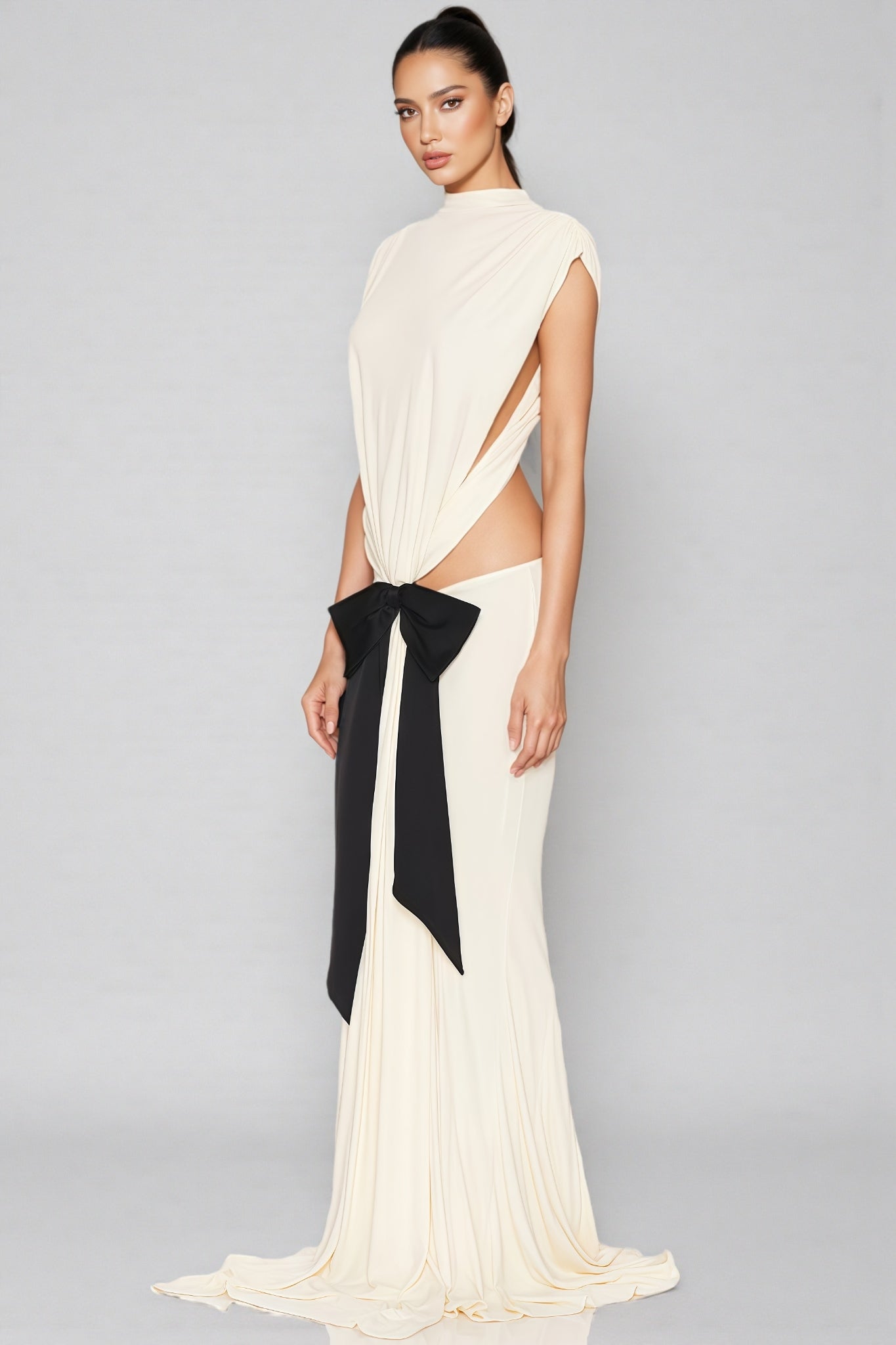 Gaelyra White Backless Satin Pleated Maxi Dress