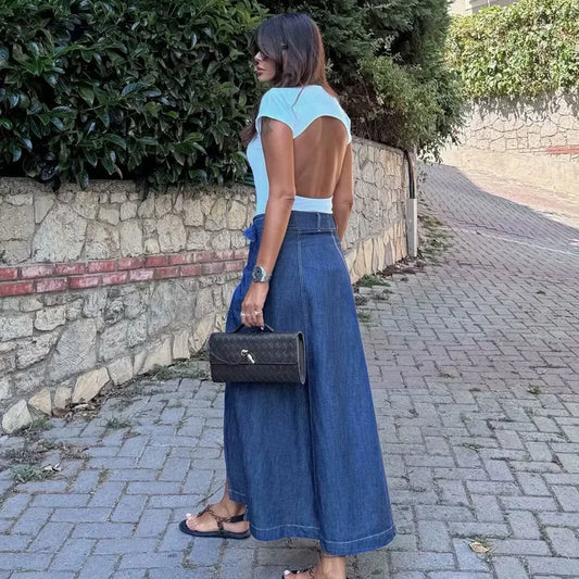 Denim Long Wrap Slit ALine Style Elegant Holiday Skirt