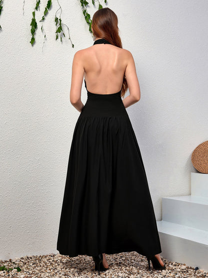 Halter Backless Flared Hem Long Dress