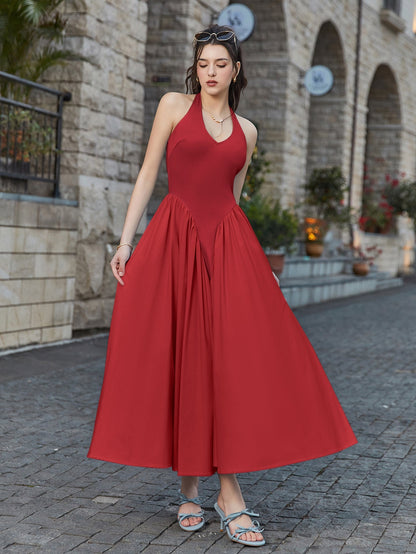 Halter Deep V-Neck Ruched Waist Solid Dress